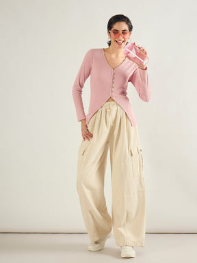 Pink Rib Button Down Regular Top-SASSAFRAS