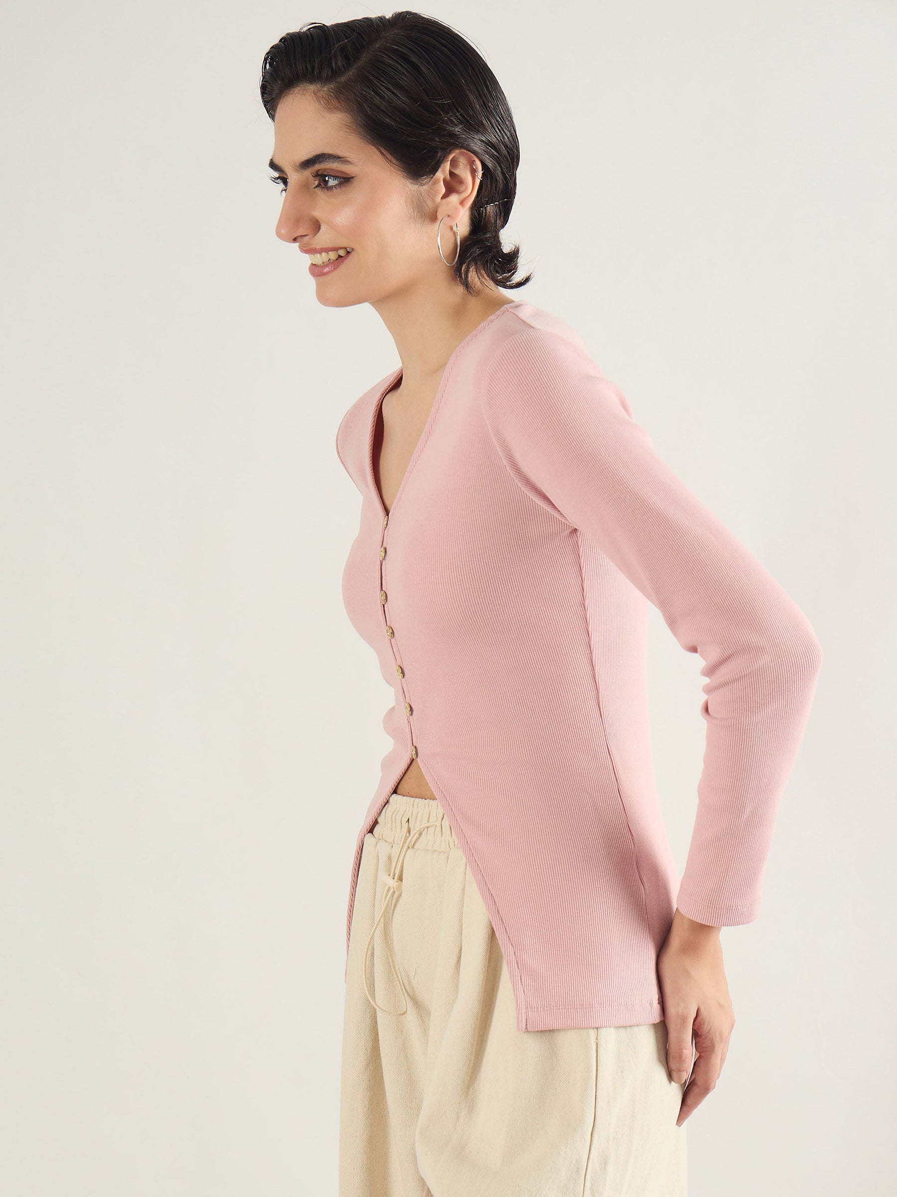 Pink Rib Button Down Regular Top-SASSAFRAS
