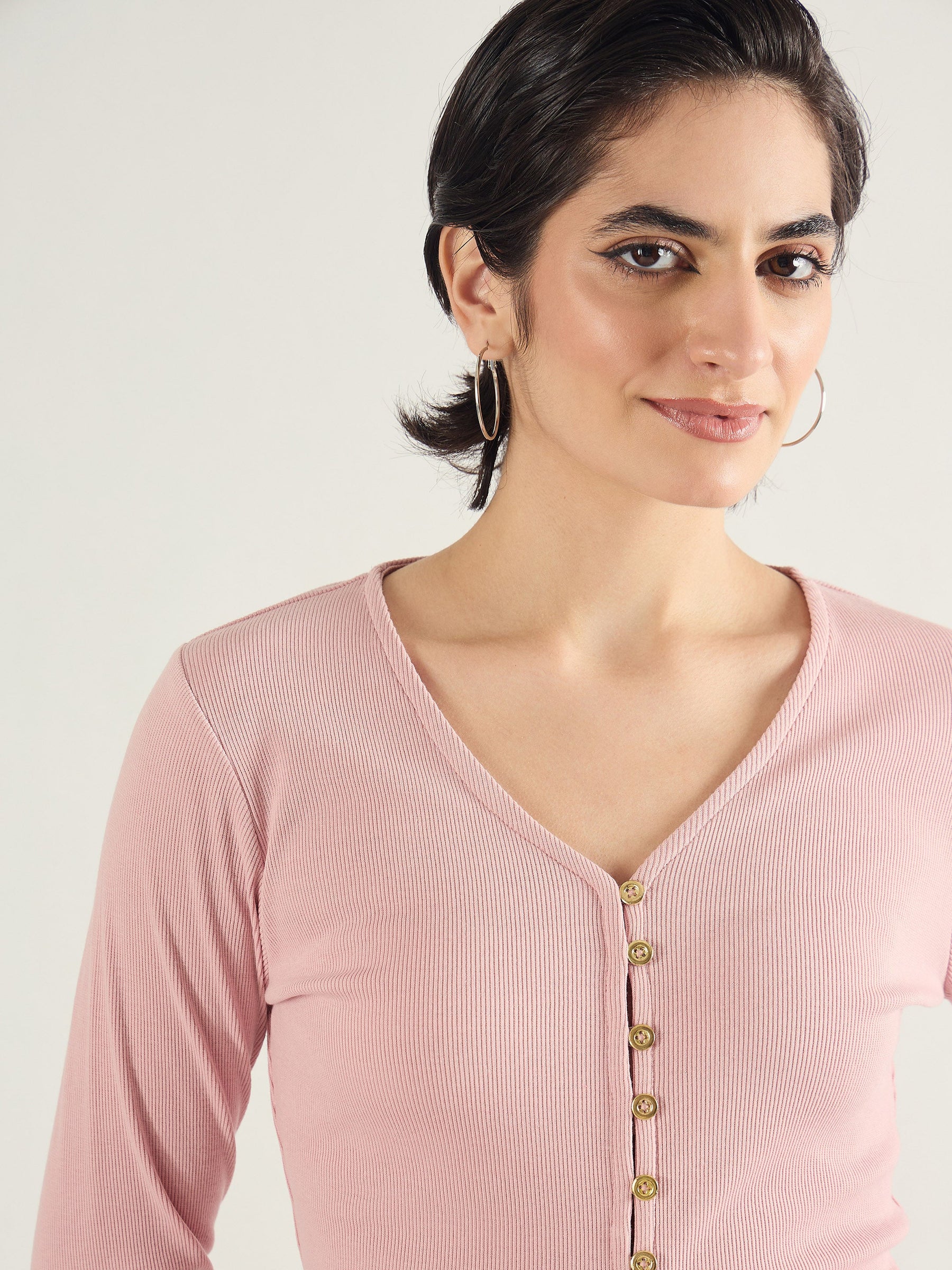 Pink Rib Button Down Regular Top-SASSAFRAS