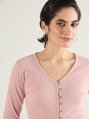 Pink Rib Button Down Regular Top-SASSAFRAS