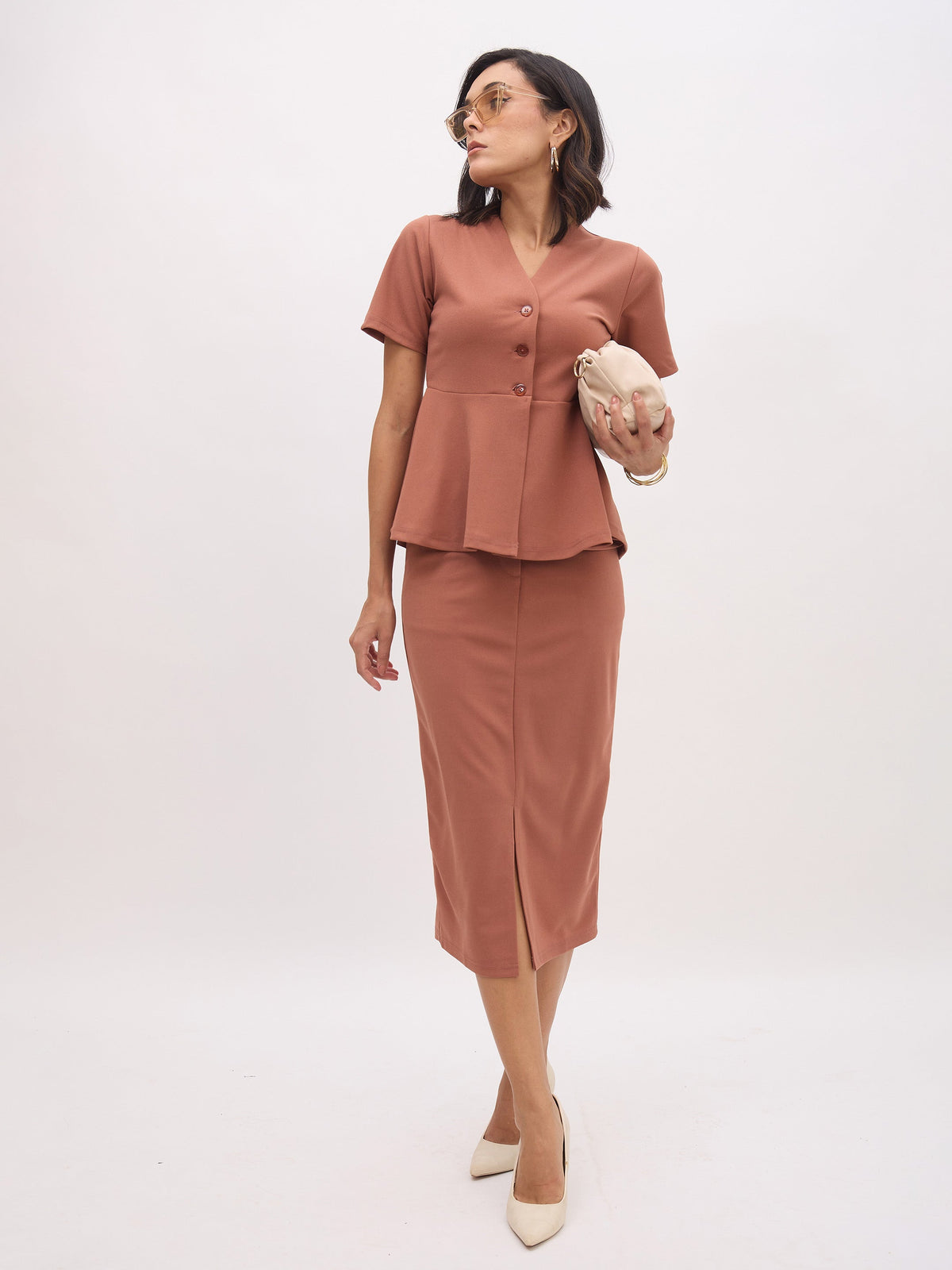 Rust V Neck Half Sleeve Peplum Top-SASSAFRAS worklyf
