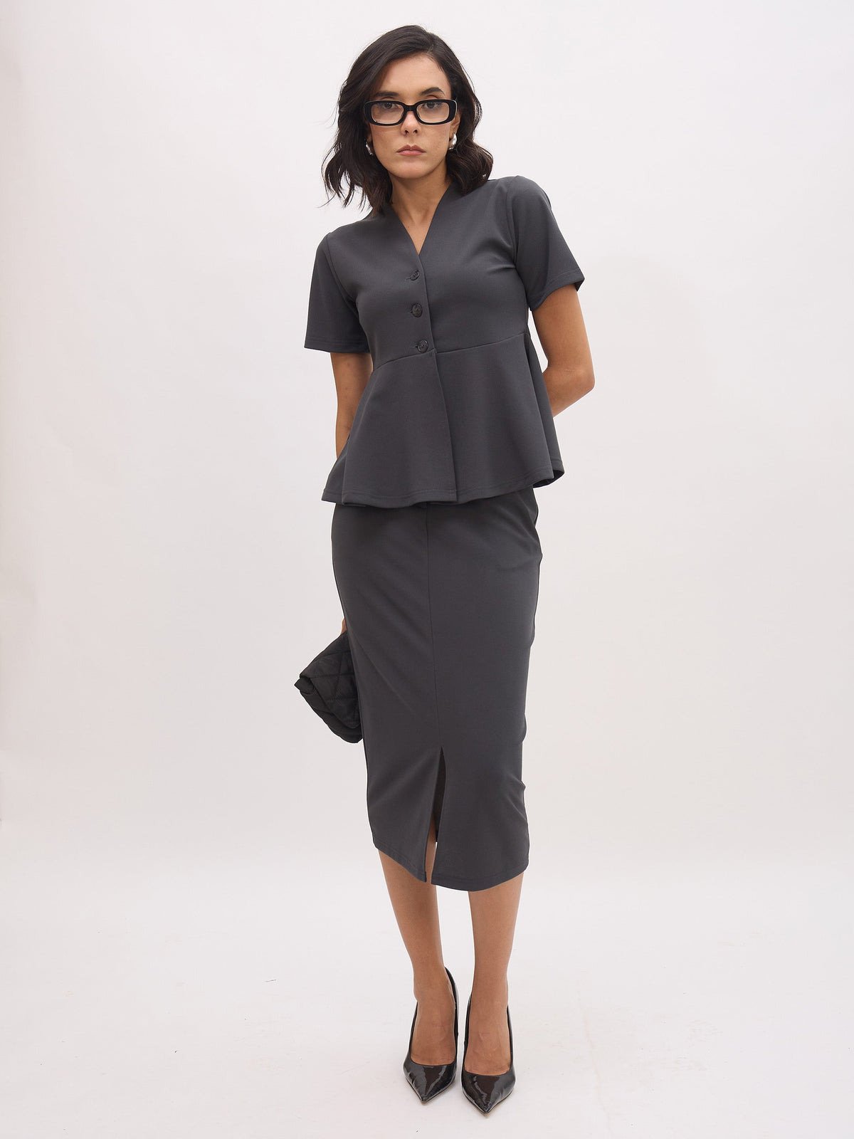 Dark Grey V Neck Half Sleeve Peplum Top-SASSAFRAS worklyf