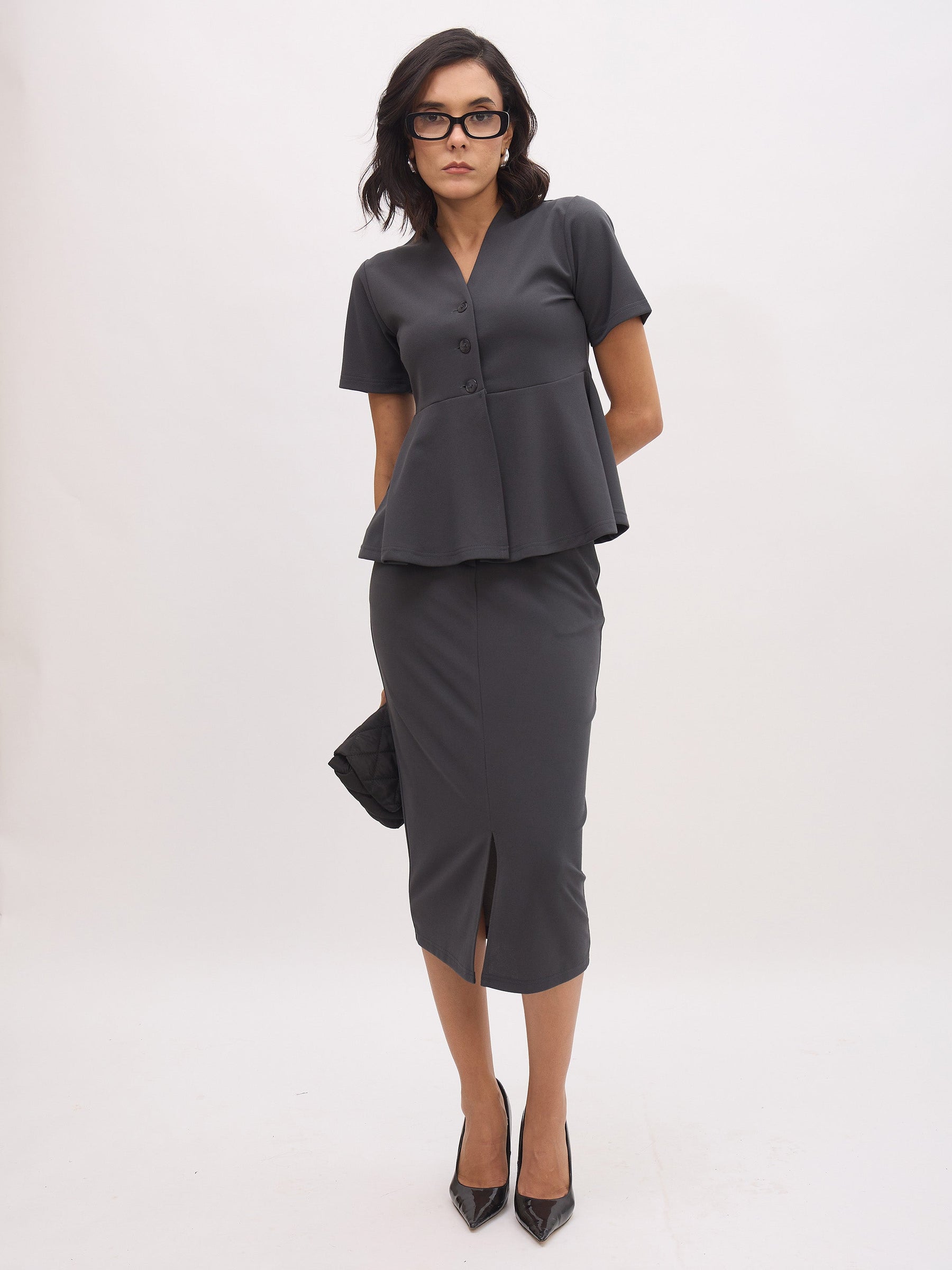 Dark Grey V Neck Half Sleeve Peplum Top-SASSAFRAS worklyf