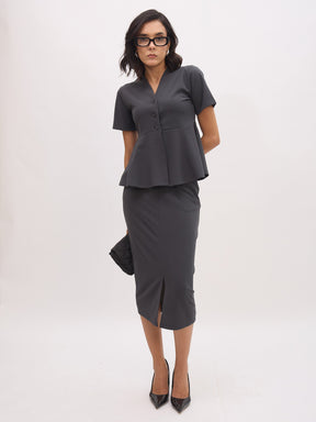 Dark Grey V Neck Half Sleeve Peplum Top-SASSAFRAS worklyf