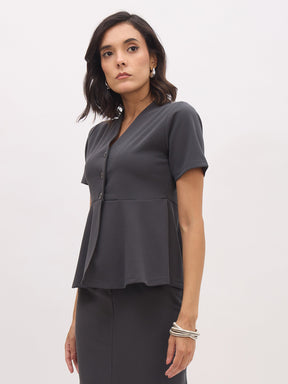 Dark Grey V Neck Half Sleeve Peplum Top-SASSAFRAS worklyf