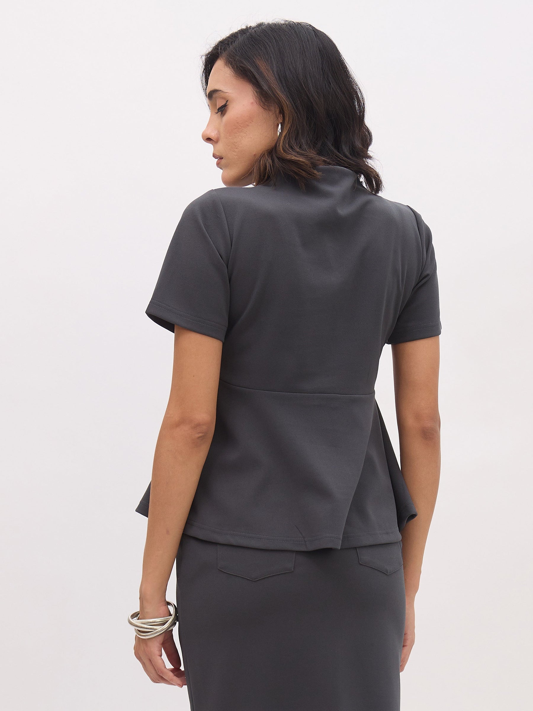 Dark Grey V Neck Half Sleeve Peplum Top-SASSAFRAS worklyf