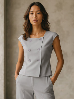 Grey Sleeveless Square Neck Button Top-SASSAFRAS worklyf