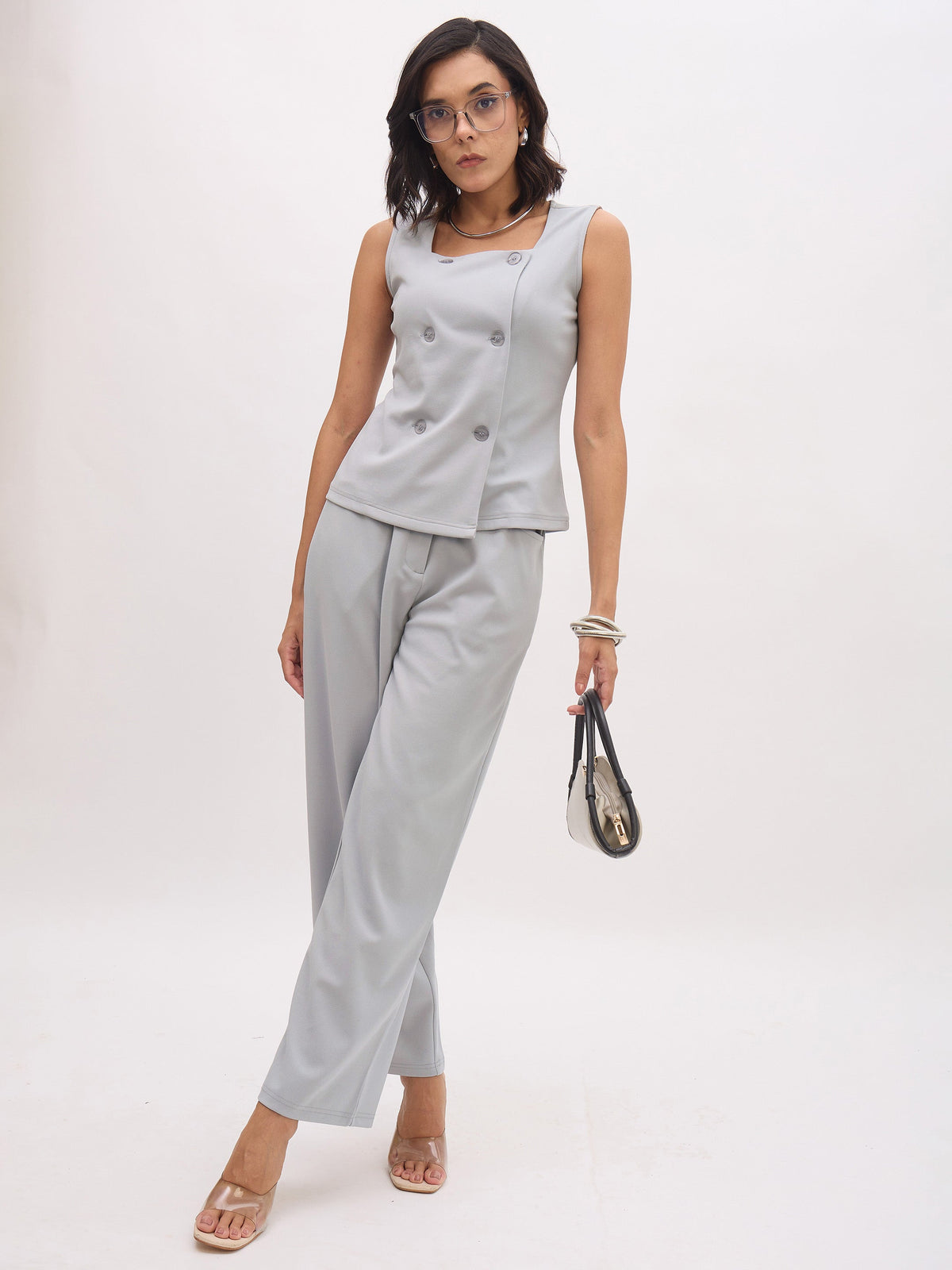 Grey Sleeveless Square Neck Button Top-SASSAFRAS worklyf