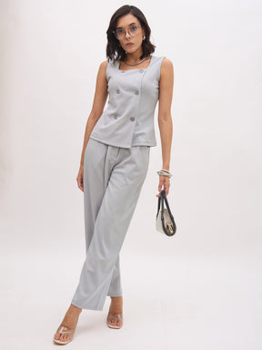 Grey Sleeveless Square Neck Button Top-SASSAFRAS worklyf
