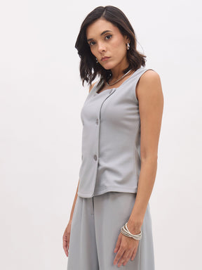 Grey Sleeveless Square Neck Button Top-SASSAFRAS worklyf