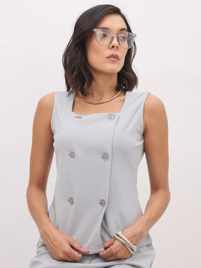 Grey Sleeveless Square Neck Button Top-SASSAFRAS worklyf