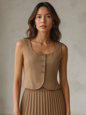 Dark Beige Sleeveless Front Button Waistcoat-SASSAFRAS worklyf