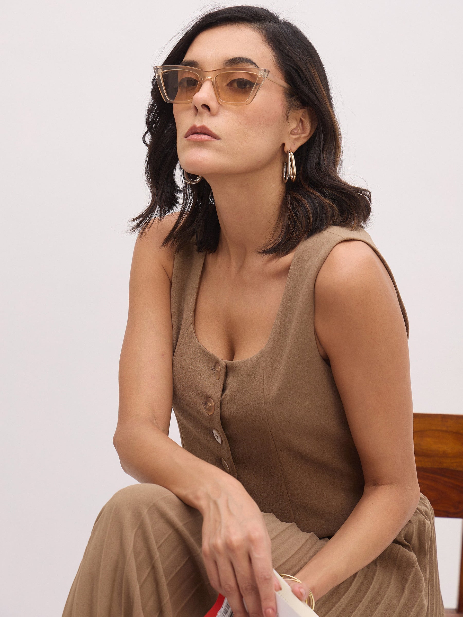 Dark Beige Sleeveless Front Button Waistcoat-SASSAFRAS worklyf