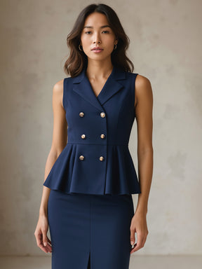 Blue Sleeveless Notch Collar Button Top-SASSAFRAS worklyf