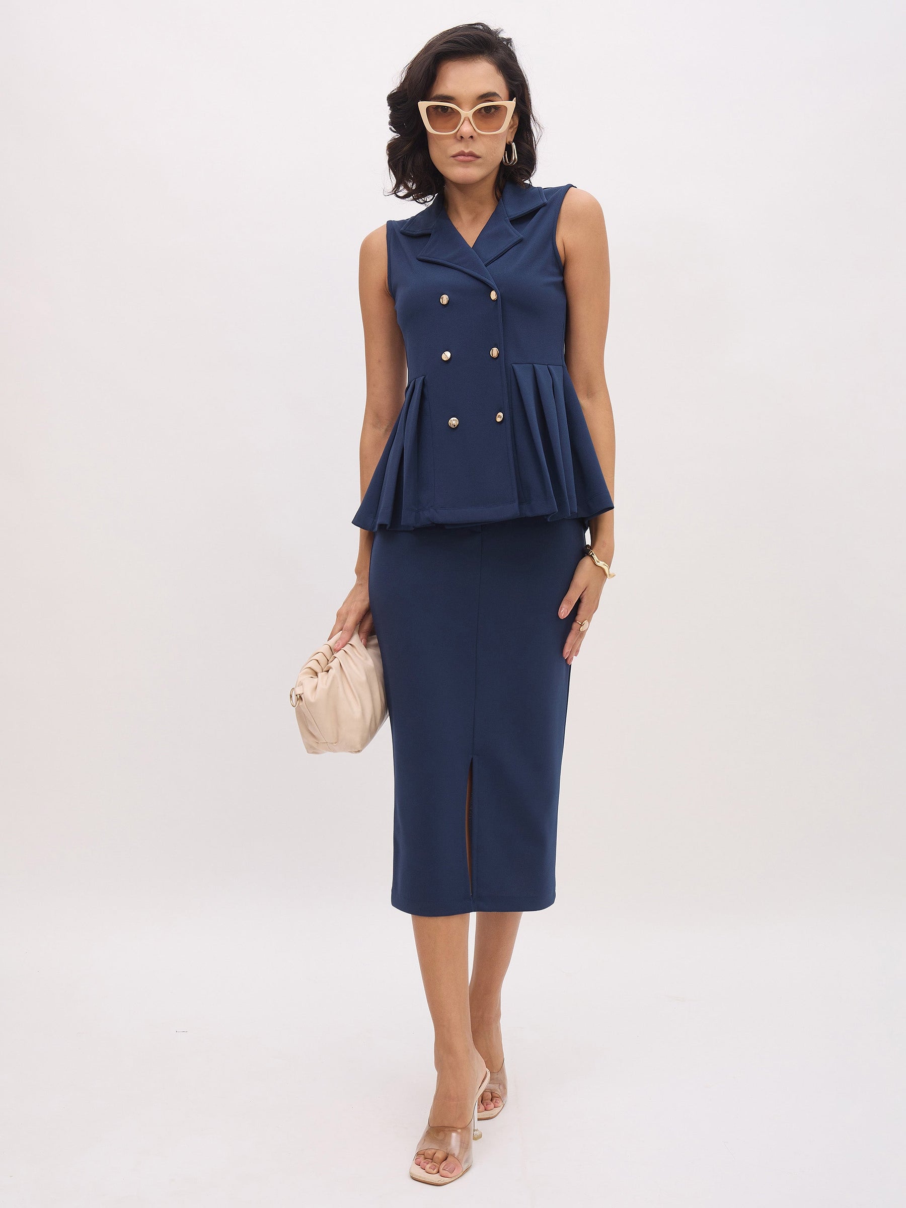 Blue Sleeveless Notch Collar Button Top-SASSAFRAS worklyf