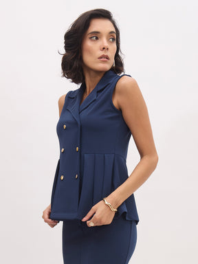 Blue Sleeveless Notch Collar Button Top-SASSAFRAS worklyf