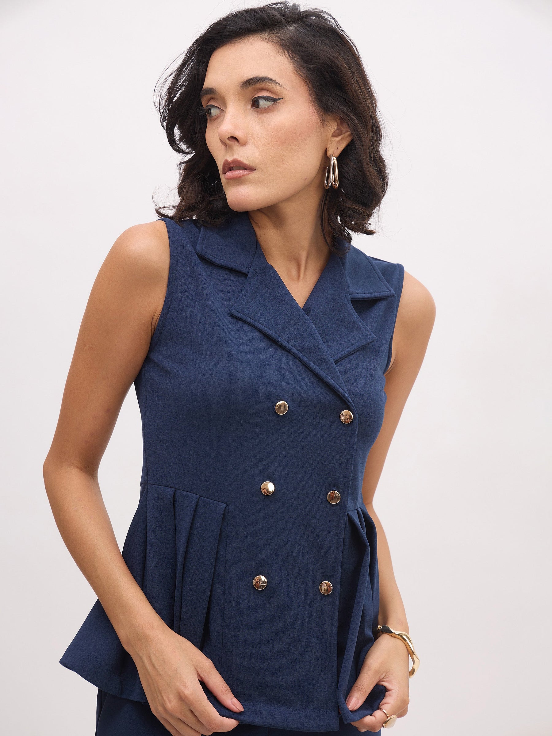 Blue Sleeveless Notch Collar Button Top-SASSAFRAS worklyf