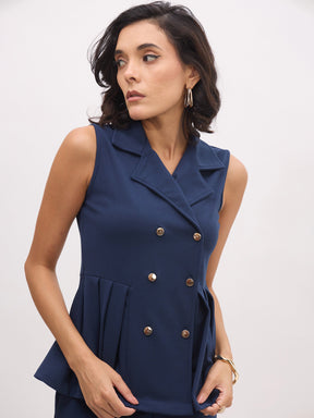 Blue Sleeveless Notch Collar Button Top-SASSAFRAS worklyf