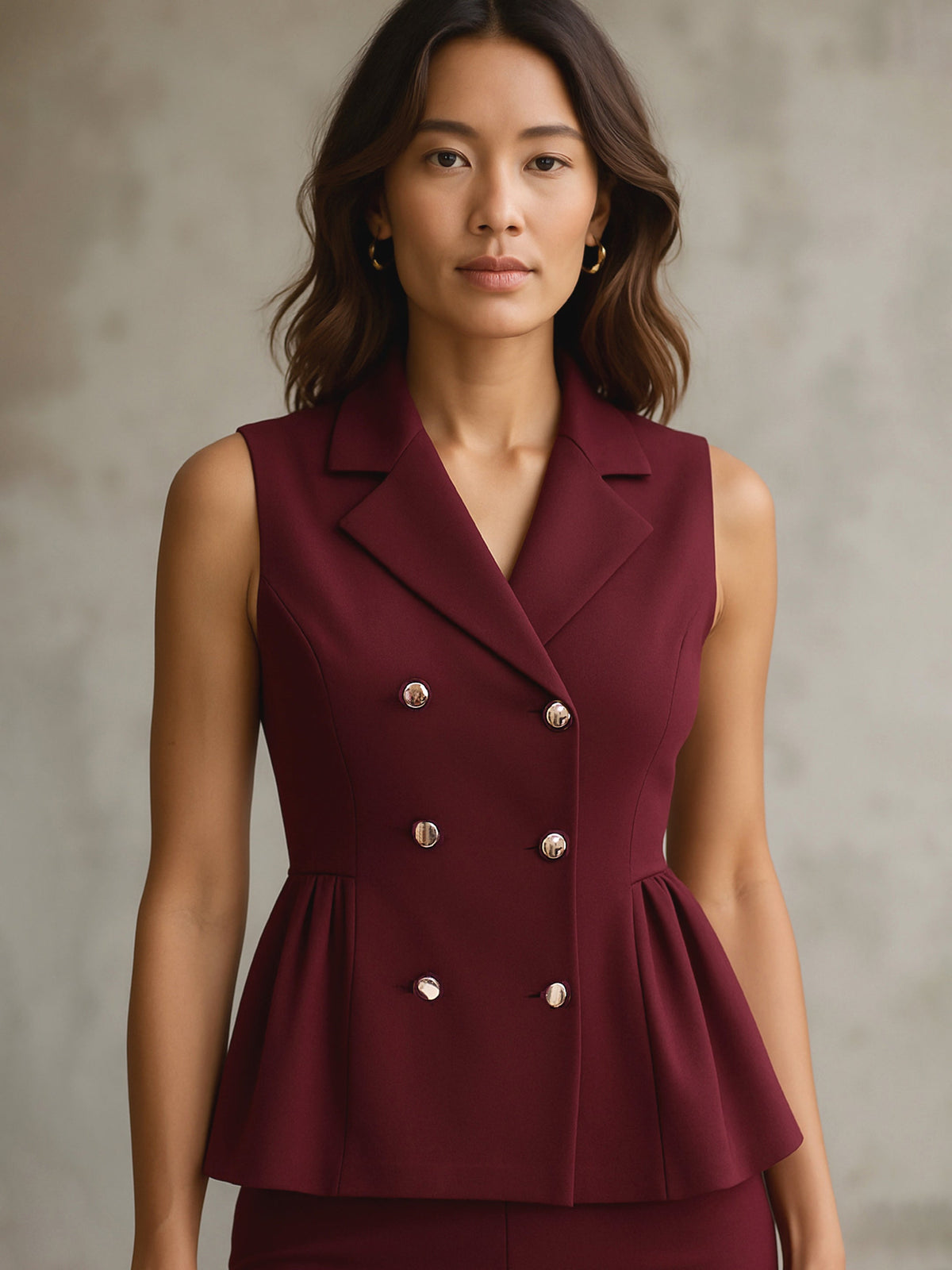 Burgundy Sleeveless Notch Collar Button Top-SASSAFRAS worklyf