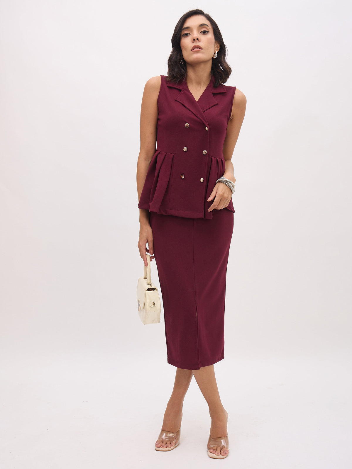 Burgundy Sleeveless Notch Collar Button Top-SASSAFRAS worklyf