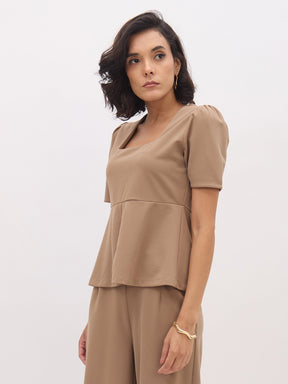 Beige Square Neck Front Slit Top-SASSAFRAS worklyf