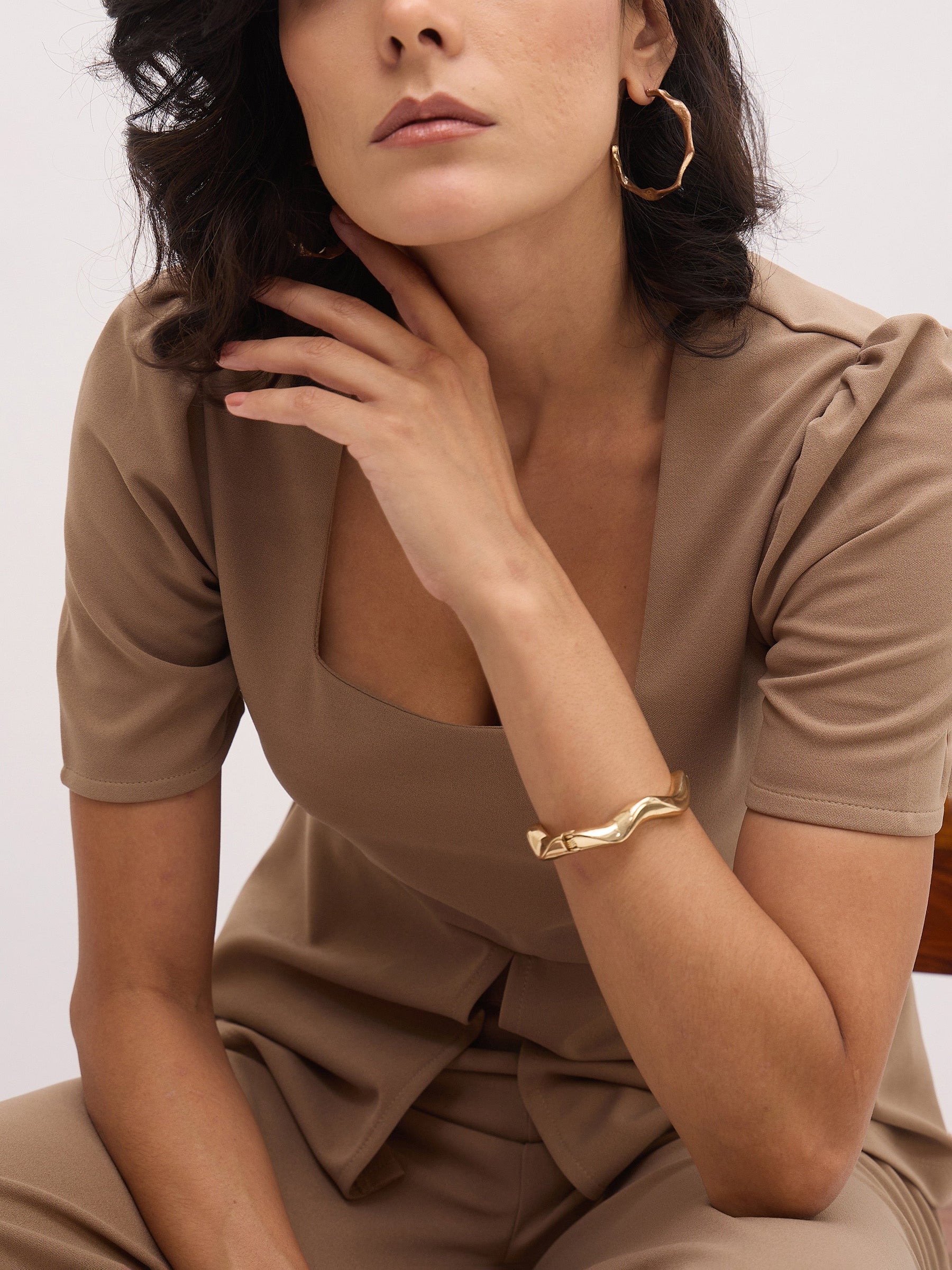 Beige Square Neck Front Slit Top-SASSAFRAS worklyf