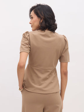 Beige Square Neck Front Slit Top-SASSAFRAS worklyf