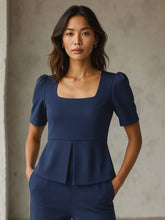 Blue Square Neck Front Slit Top-SASSAFRAS worklyf