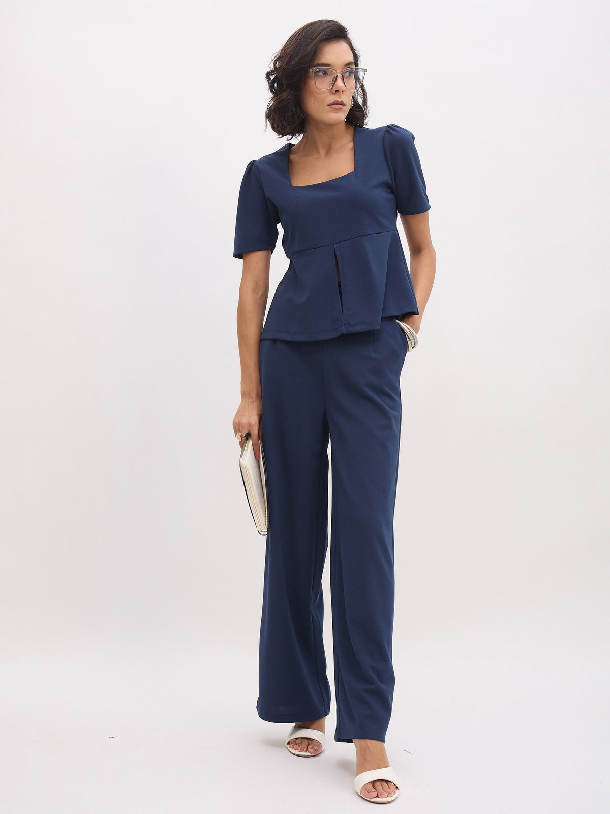 Blue Square Neck Front Slit Top-SASSAFRAS worklyf