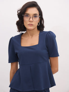 Blue Square Neck Front Slit Top-SASSAFRAS worklyf