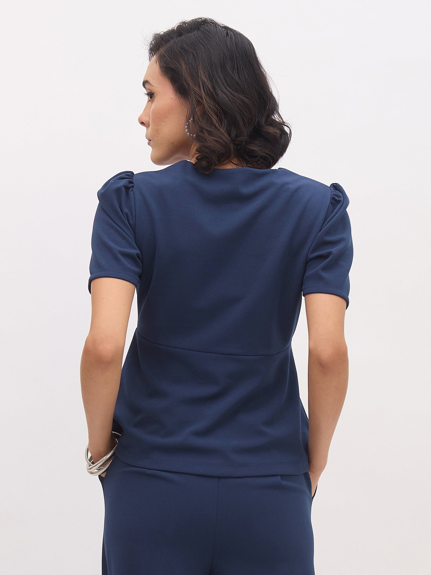 Blue Square Neck Front Slit Top-SASSAFRAS worklyf