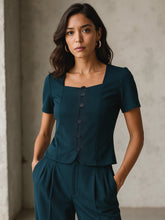 Emerald Square Neck Half Sleeves Button Top-SASSAFRAS worklyf