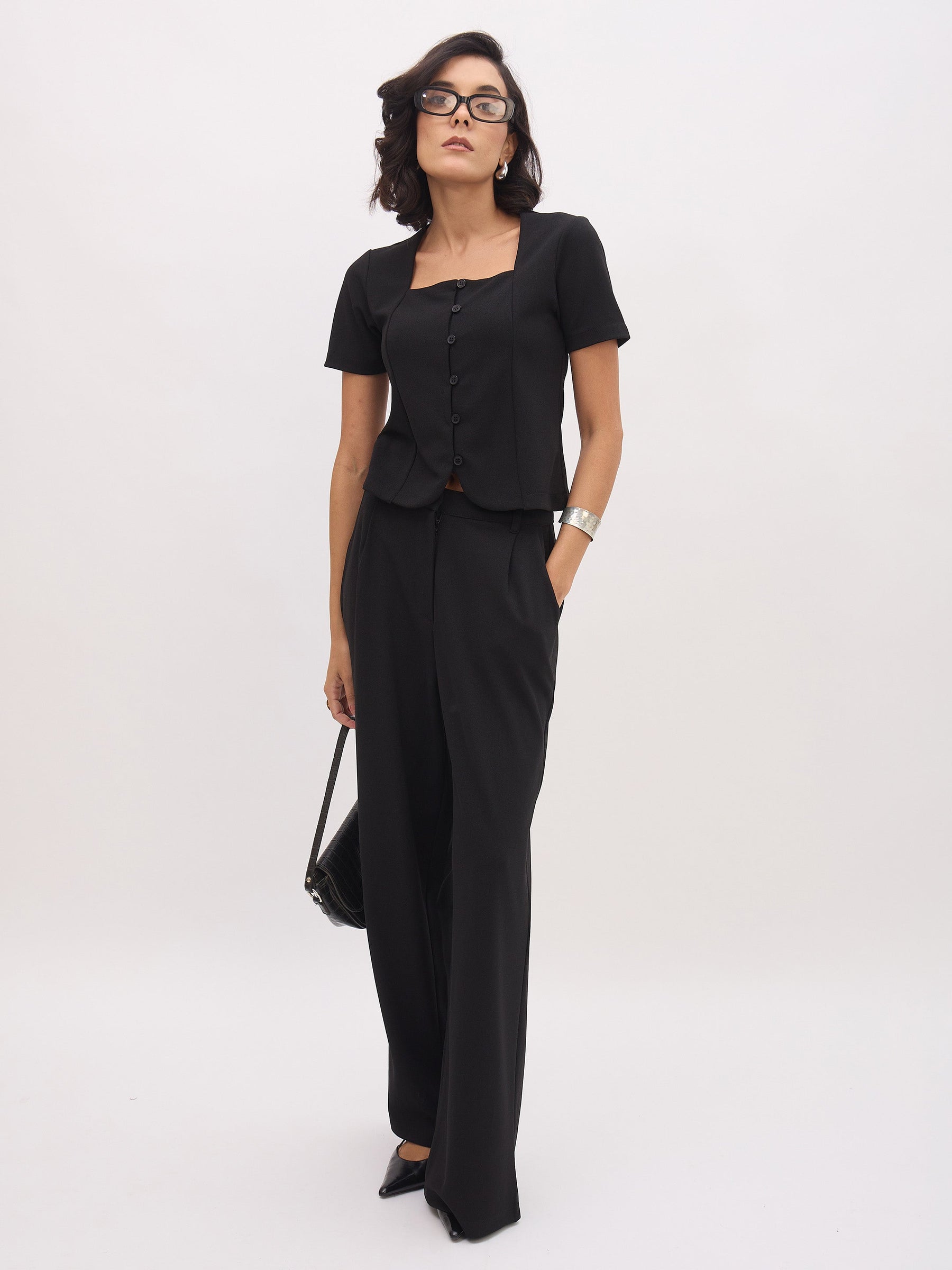 Black Square Neck Half Sleeves Button Top-SASSAFRAS worklyf
