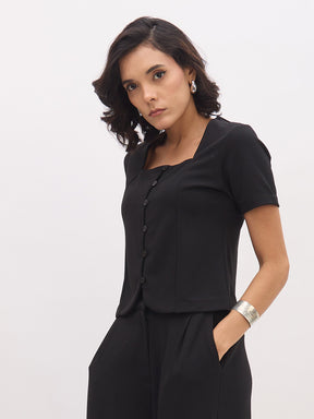 Black Square Neck Half Sleeves Button Top-SASSAFRAS worklyf