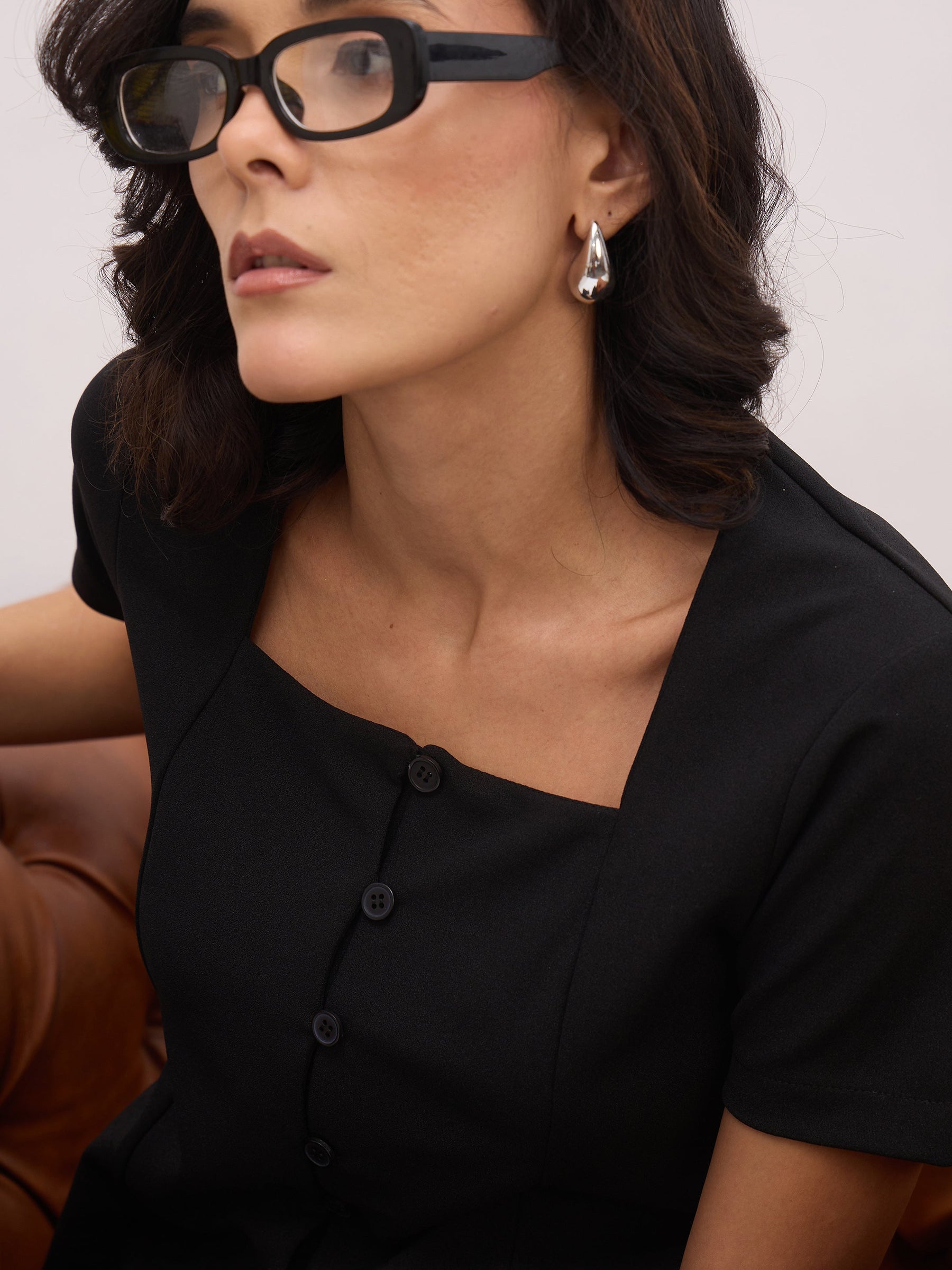 Black Square Neck Half Sleeves Button Top-SASSAFRAS worklyf
