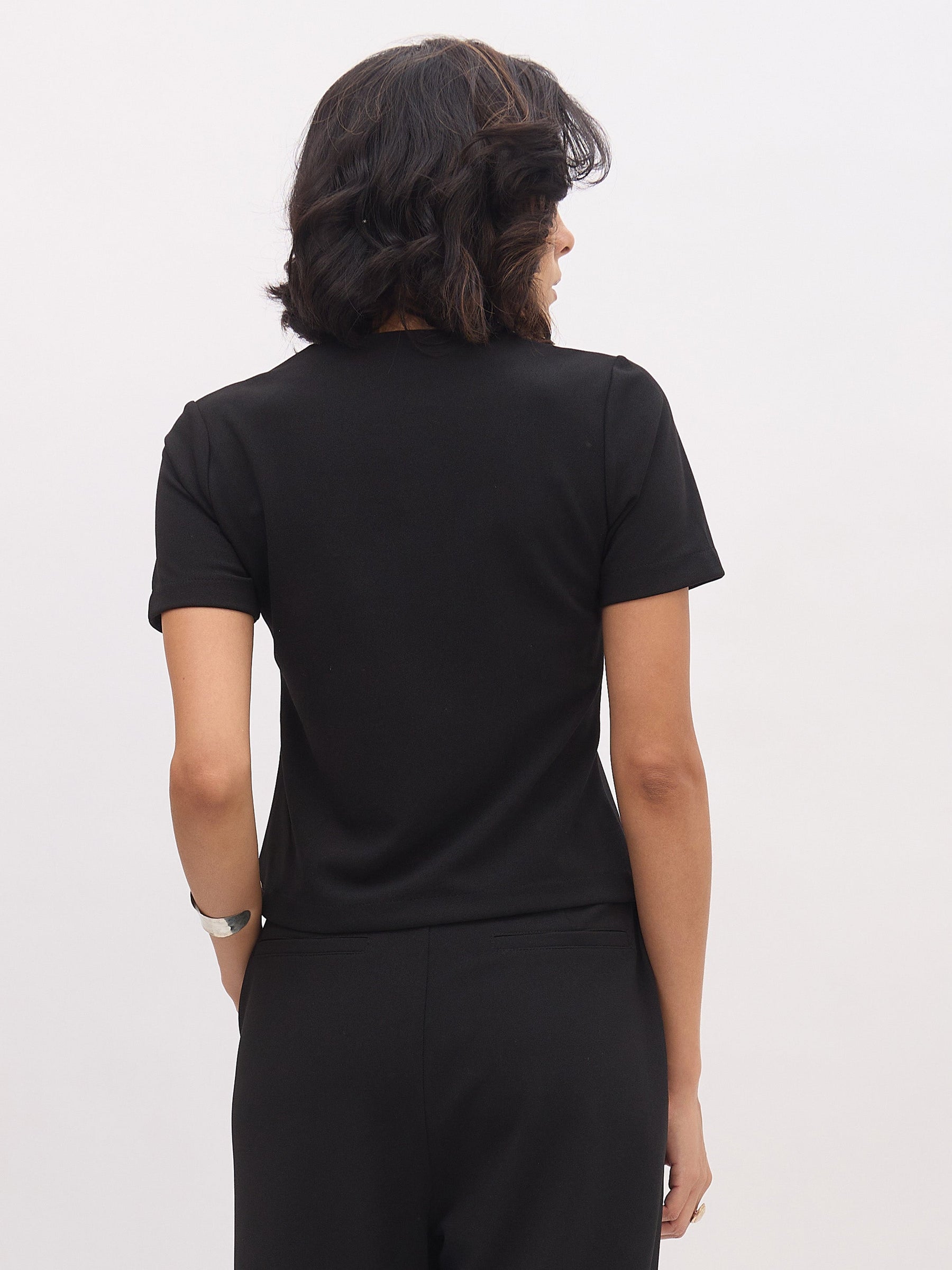 Black Square Neck Half Sleeves Button Top-SASSAFRAS worklyf