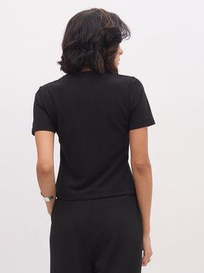 Black Square Neck Half Sleeves Button Top-SASSAFRAS worklyf