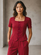 Maroon Square Neck Half Sleeves Button Top-SASSAFRAS worklyf