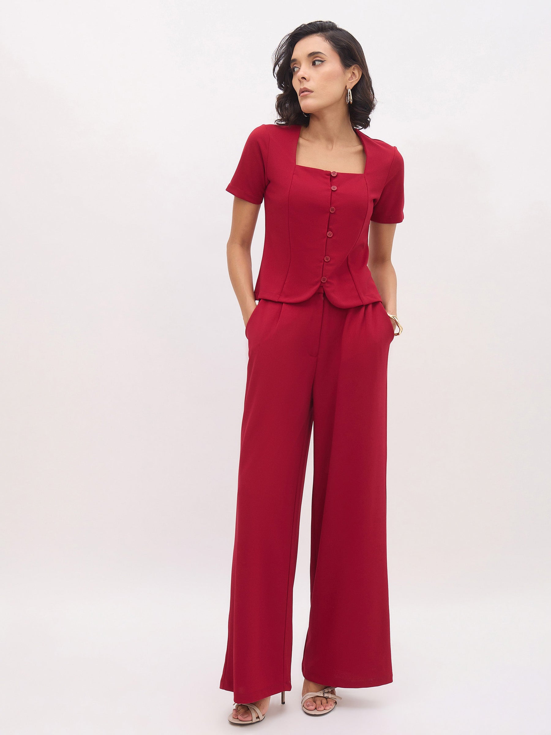 Maroon Square Neck Half Sleeves Button Top-SASSAFRAS worklyf