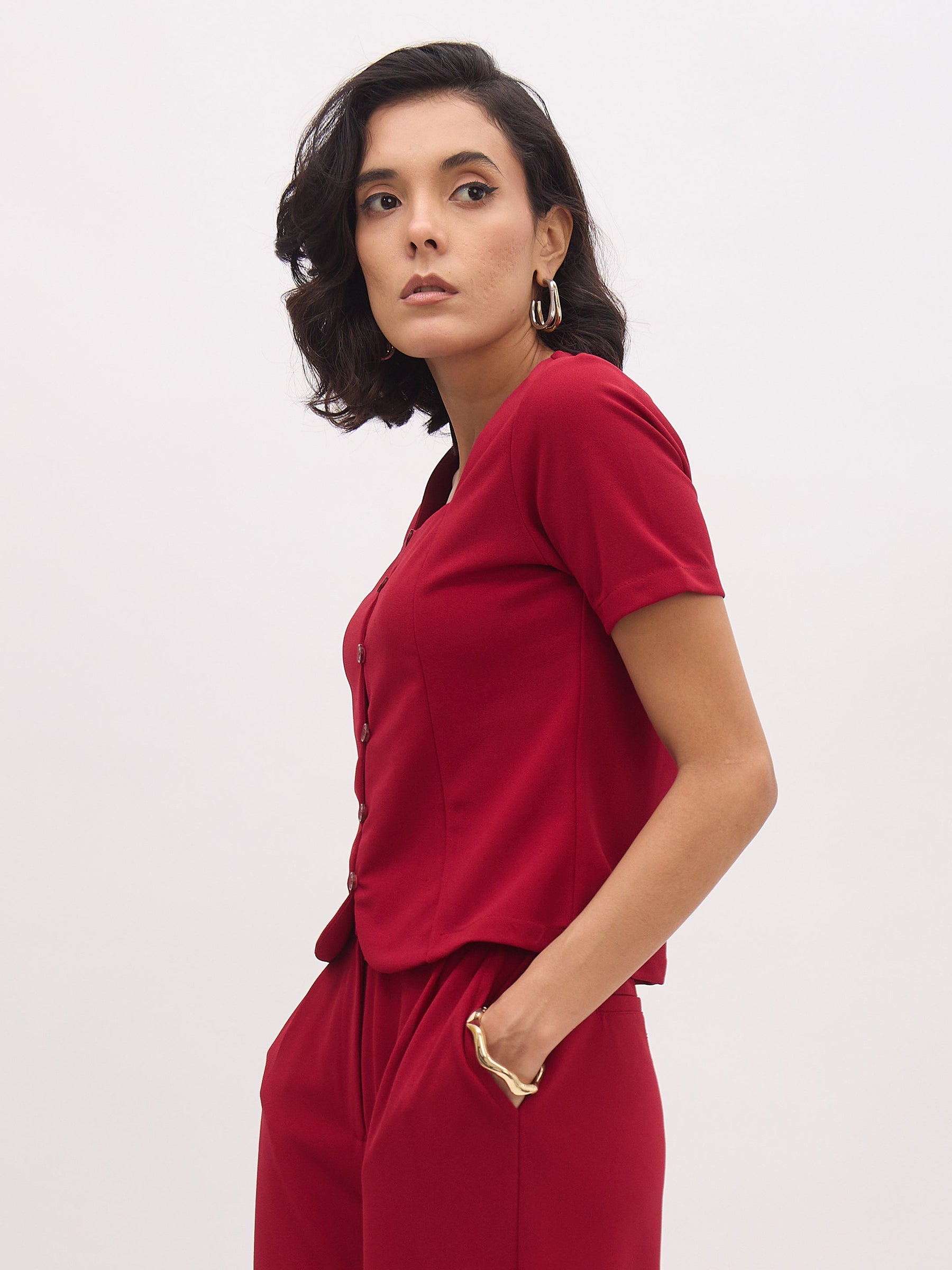 Maroon Square Neck Half Sleeves Button Top-SASSAFRAS worklyf