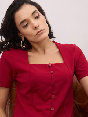 Maroon Square Neck Half Sleeves Button Top-SASSAFRAS worklyf