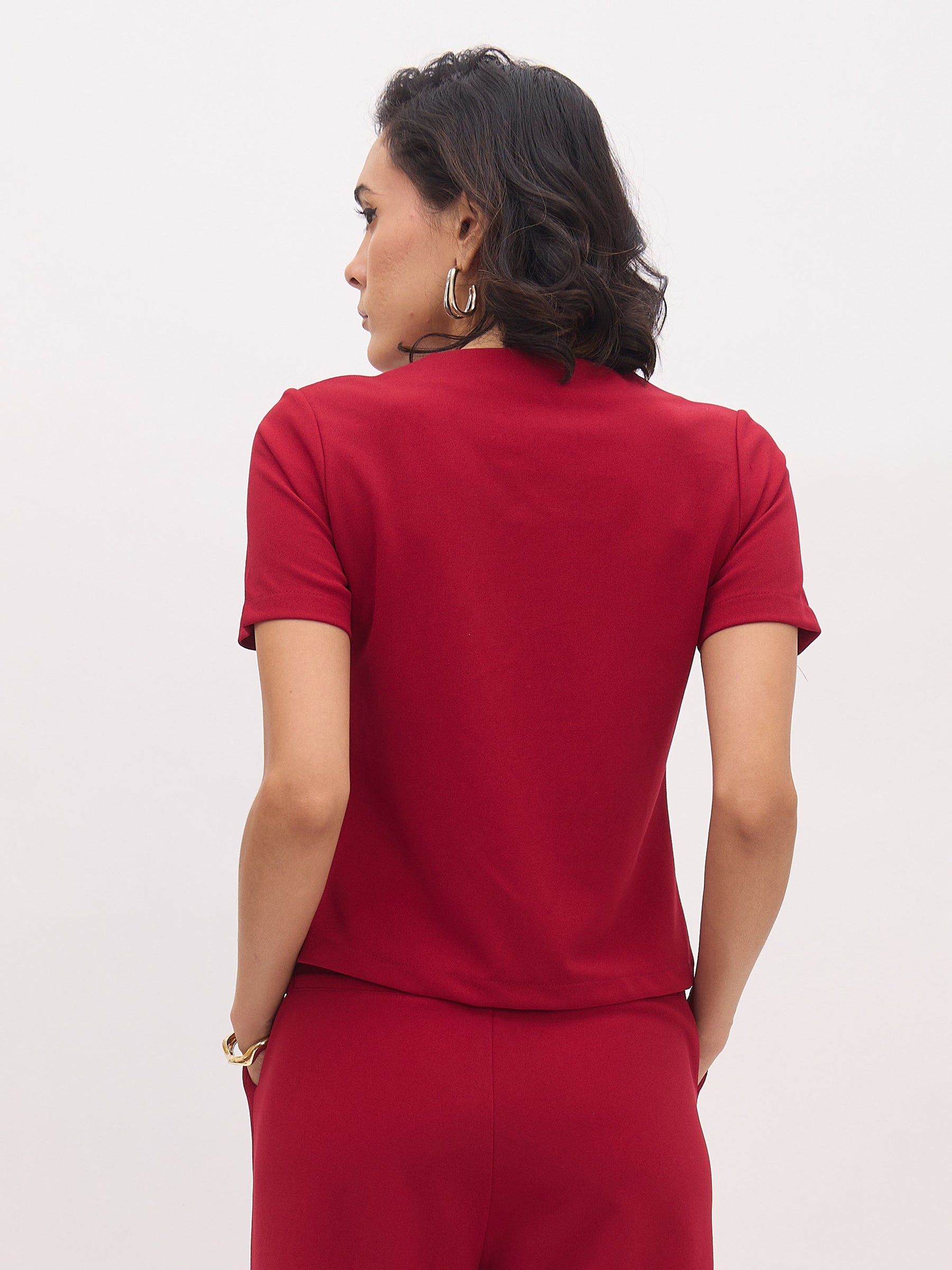 Maroon Square Neck Half Sleeves Button Top-SASSAFRAS worklyf