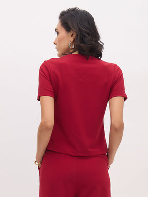 Maroon Square Neck Half Sleeves Button Top-SASSAFRAS worklyf