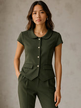 Olive PeterPan Collar Cap Sleeve Button Top-SASSAFRAS worklyf