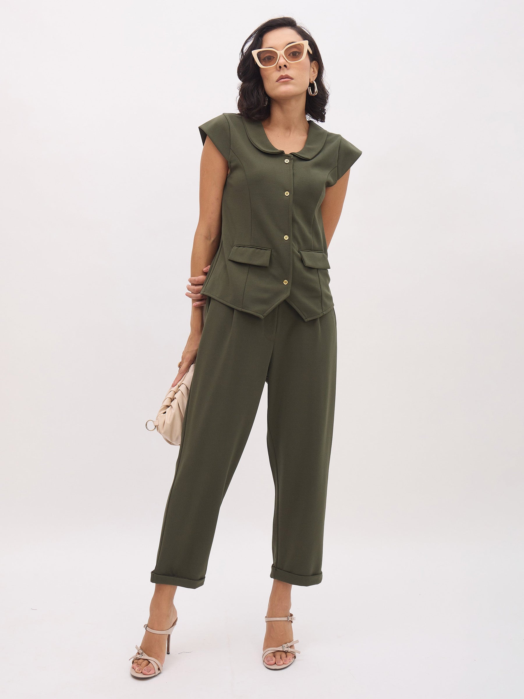 Olive PeterPan Collar Cap Sleeve Button Top-SASSAFRAS worklyf