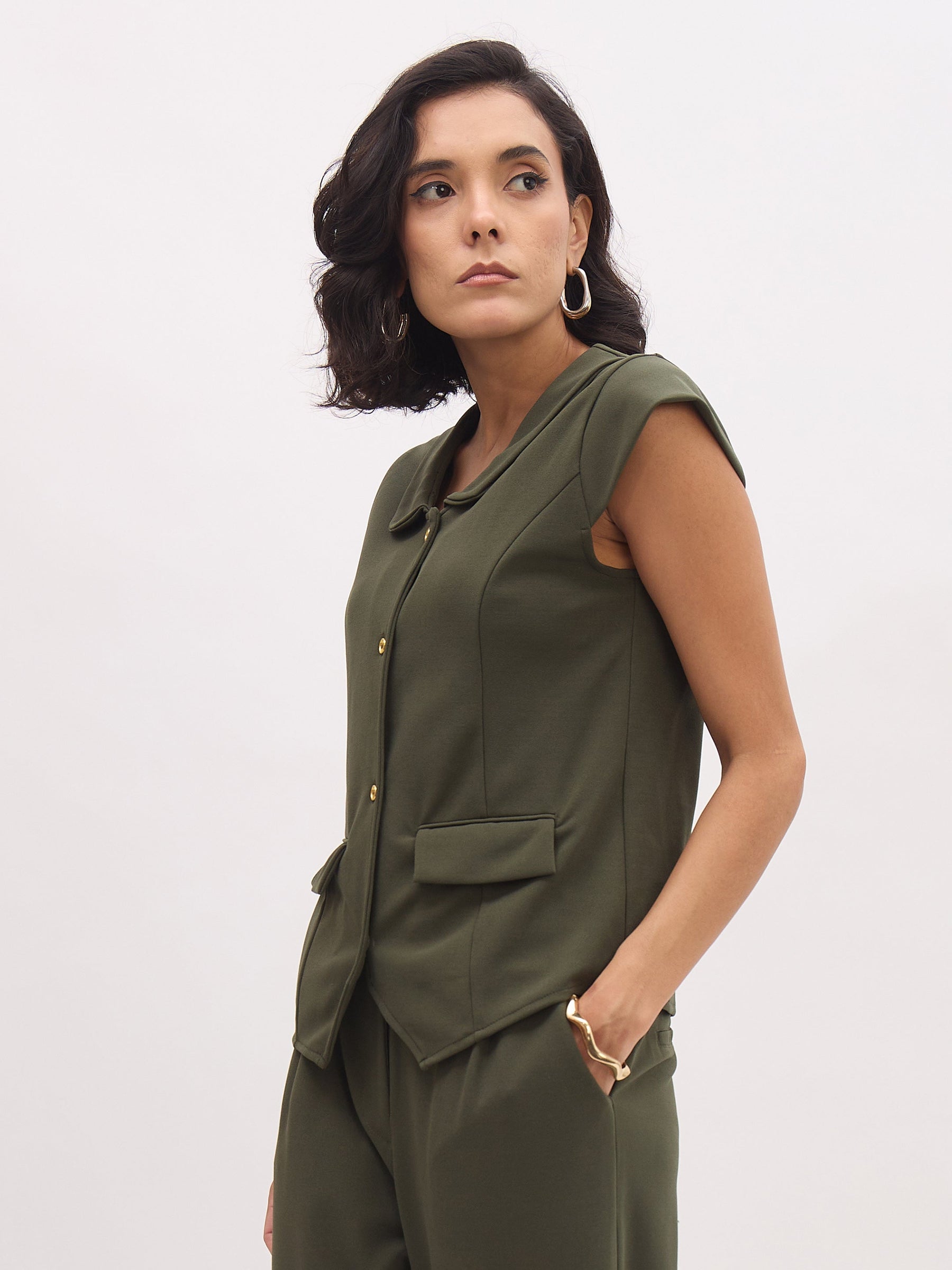 Olive PeterPan Collar Cap Sleeve Button Top-SASSAFRAS worklyf