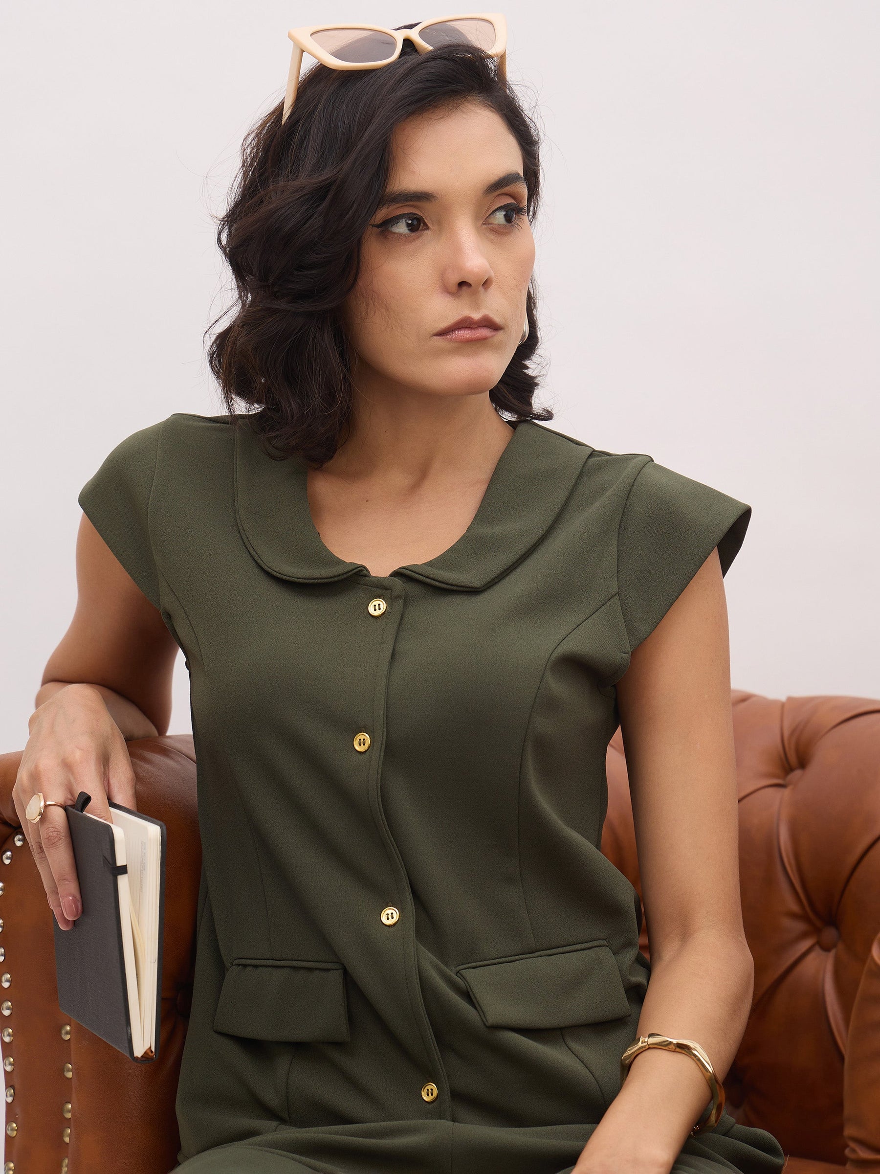 Olive PeterPan Collar Cap Sleeve Button Top-SASSAFRAS worklyf