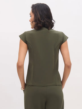 Olive PeterPan Collar Cap Sleeve Button Top-SASSAFRAS worklyf