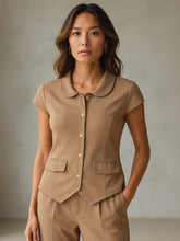 Beige PeterPan Collar Cap Sleeve Button Top-SASSAFRAS worklyf