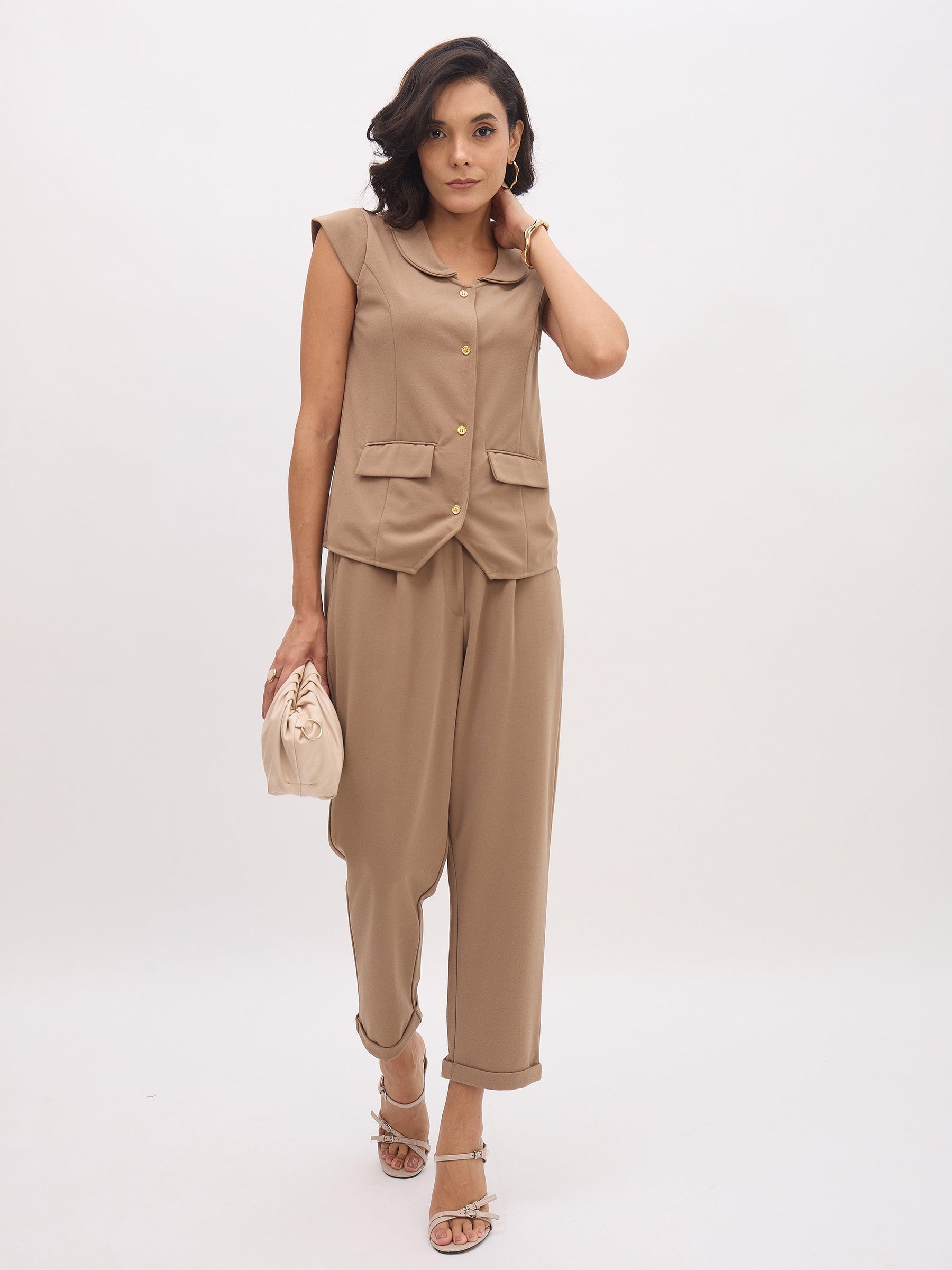 Beige PeterPan Collar Cap Sleeve Button Top-SASSAFRAS worklyf